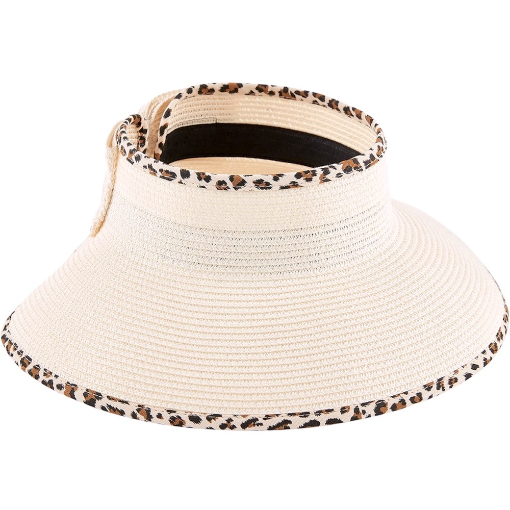 NWT Mud Pie Women's Leopard Trim Bow Visor, Tan, Easy to Pack, One Size